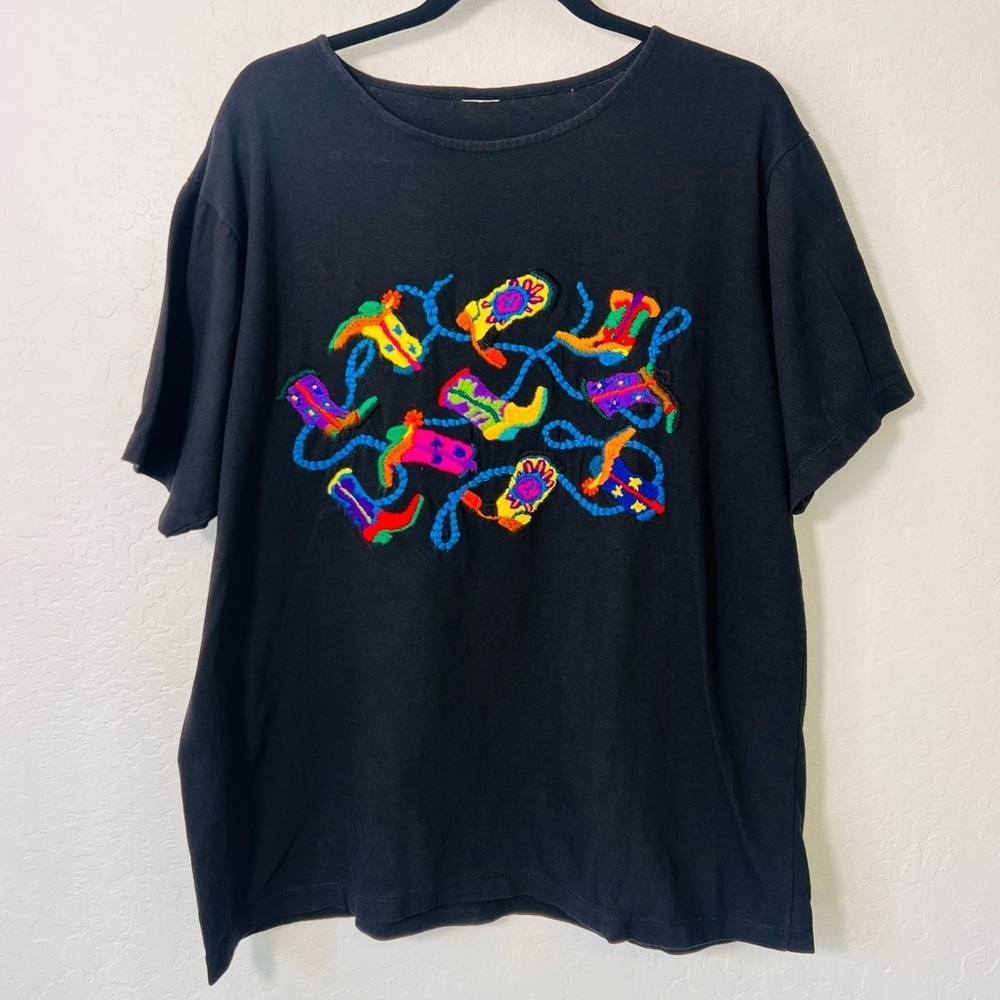Sold Black Western Themed Embroidered Cowboy Boot Tee